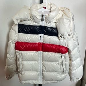 Off white blue & red toddler Moncler puffer